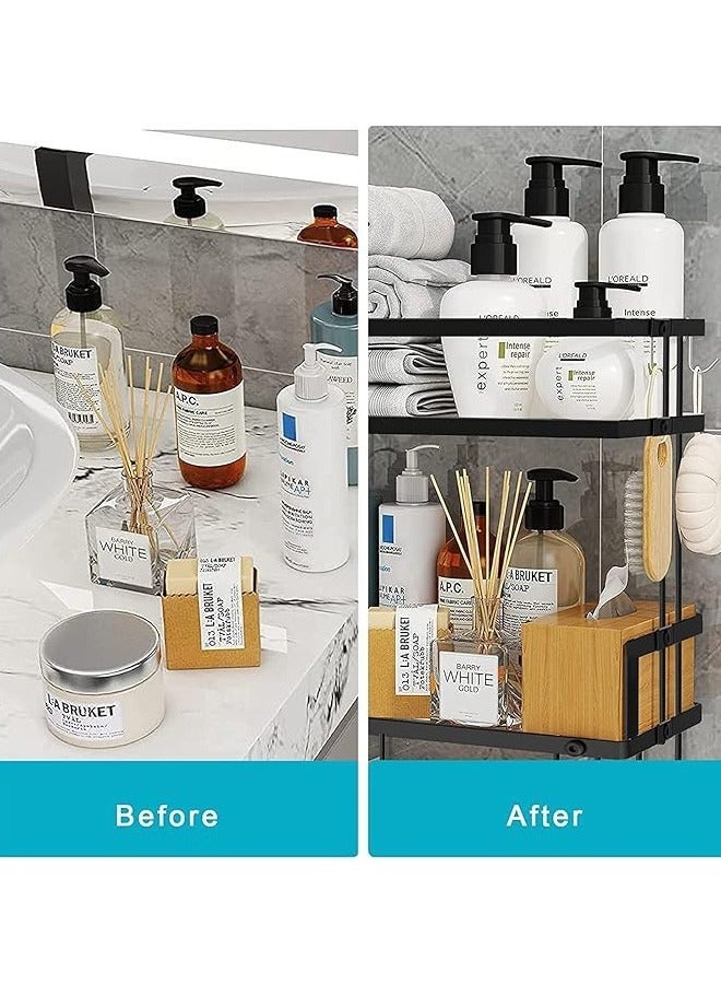 عربست مساحة الحمام بدون حفر - رف فوق المرحاض متعدد الطبقتين مقاوم للماء والصدأ مع 6 خطافات وقاعدة لاصقة، باللون الأسود الحديث - Image 3